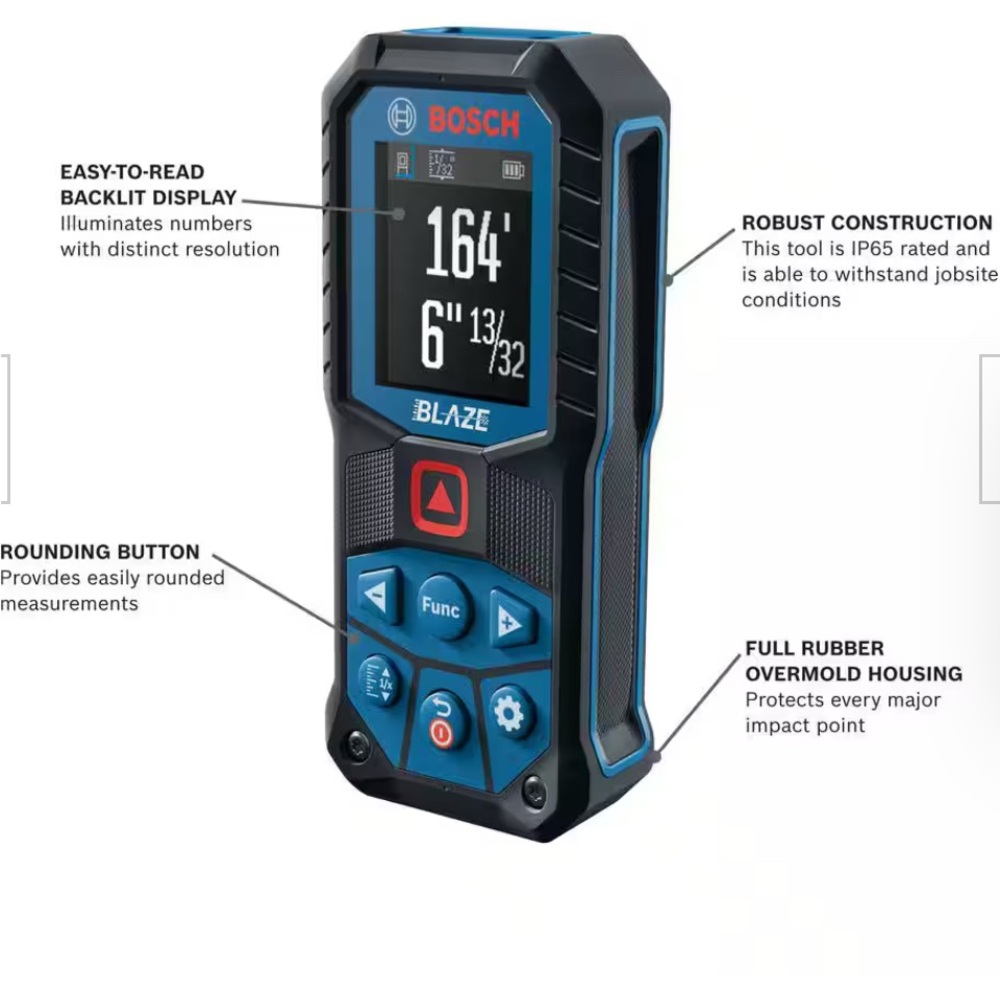 BLAZE 165 ft. Dual Power Battery Laser Distance Tape Measuring Tool Color Screen